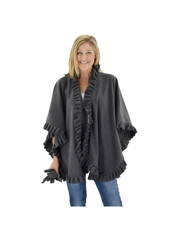 Women's Frilled Solid Color Fleece Poncho Shawl with Matching Gloves