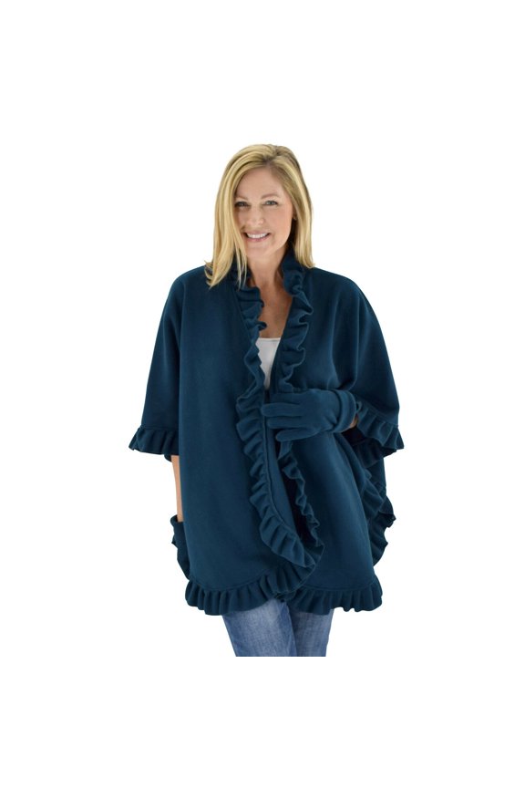 Women's Frilled Solid Color Fleece Poncho Shawl with Matching Gloves