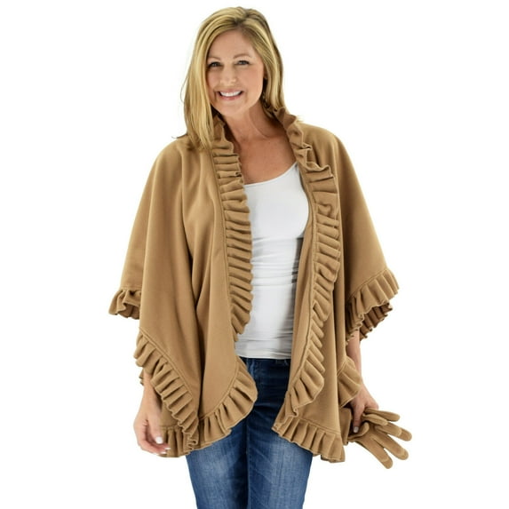 Le Moda Women's Frilled Solid Color Fleece Poncho Shawl with Matching Gloves
