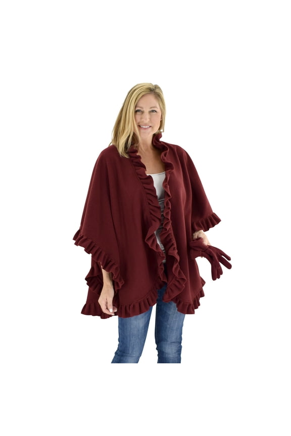 Women's Frilled Solid Color Fleece Poncho Shawl with Matching Gloves