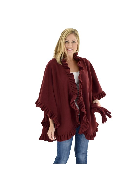 Women's Frilled Solid Color Fleece Poncho Shawl with Matching Gloves