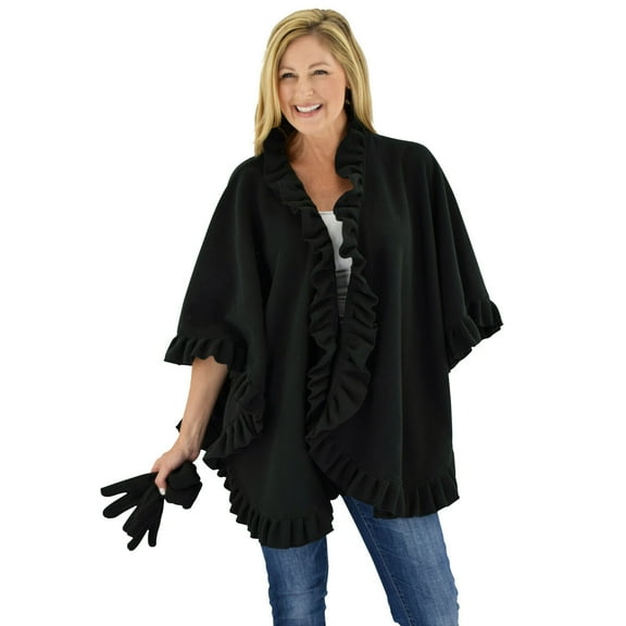 Le Moda Women's Frilled Solid Color Fleece Poncho Shawl with Matching Gloves