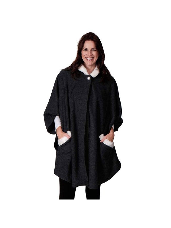 Womens Hooded Cape With Natural Sherpa Trim One Size Fits All