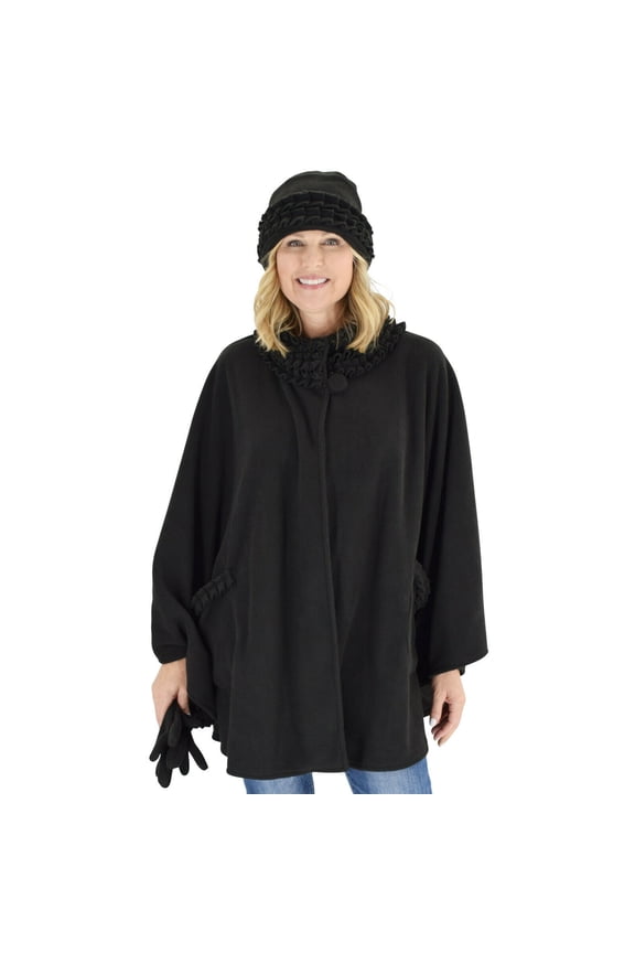 Women's Sherpa Trim Polar Fleece Wrap with Matching Gloves and Hat