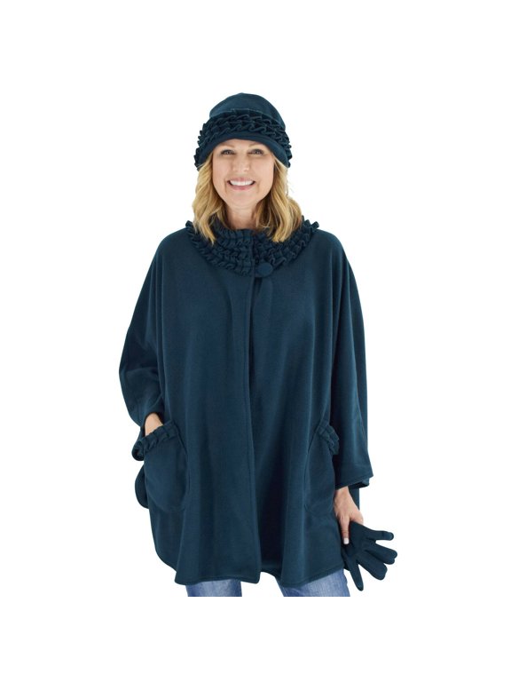 Women's Sherpa Trim Polar Fleece Wrap with Matching Gloves and Hat