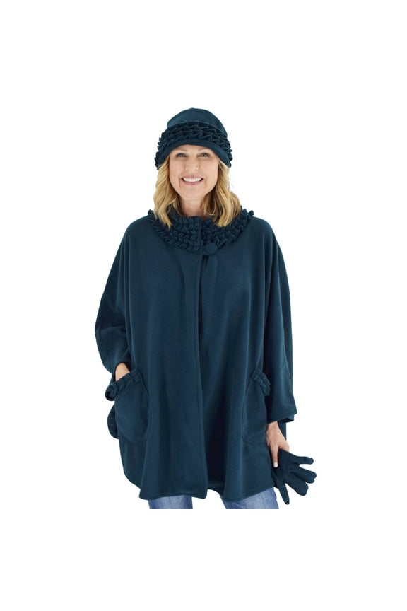 Women's Sherpa Trim Polar Fleece Wrap with Matching Gloves and Hat