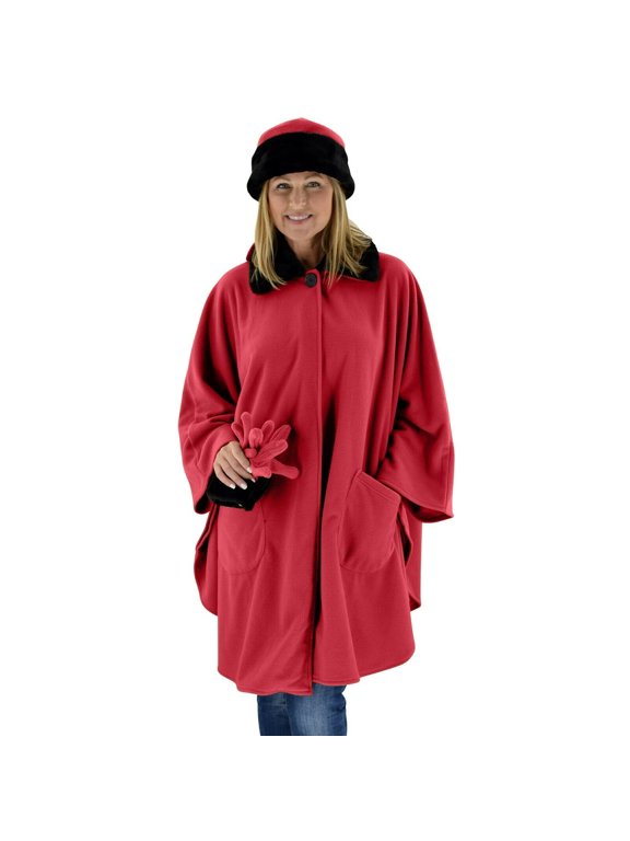 Women's Sherpa Trim Polar Fleece Wrap with Matching Gloves and Hat