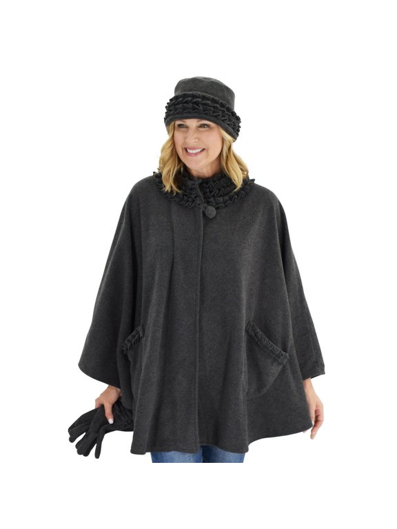 Women's Sherpa Trim Polar Fleece Wrap with Matching Gloves and Hat
