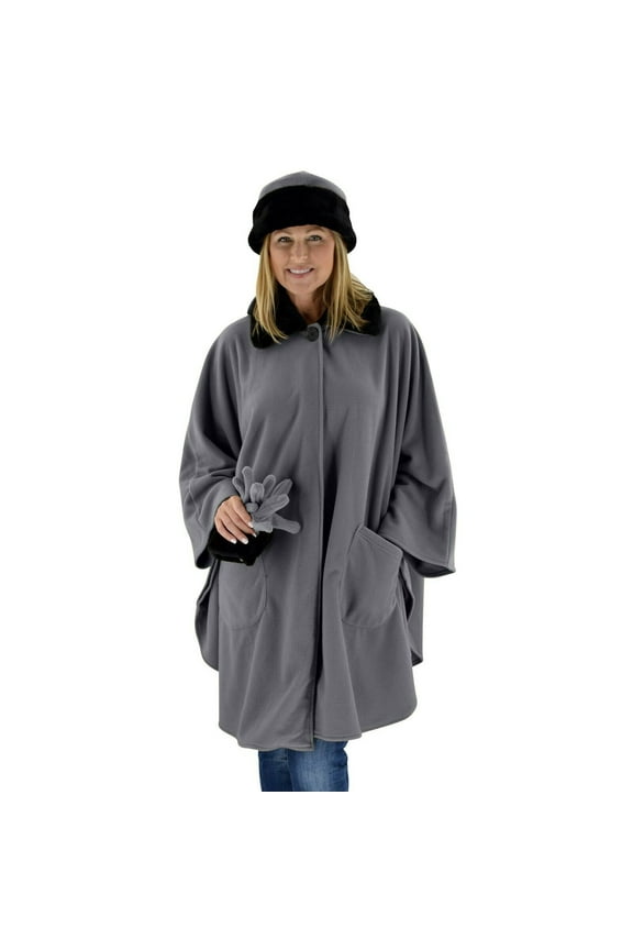 Women's Sherpa Trim Polar Fleece Wrap with Matching Gloves and Hat