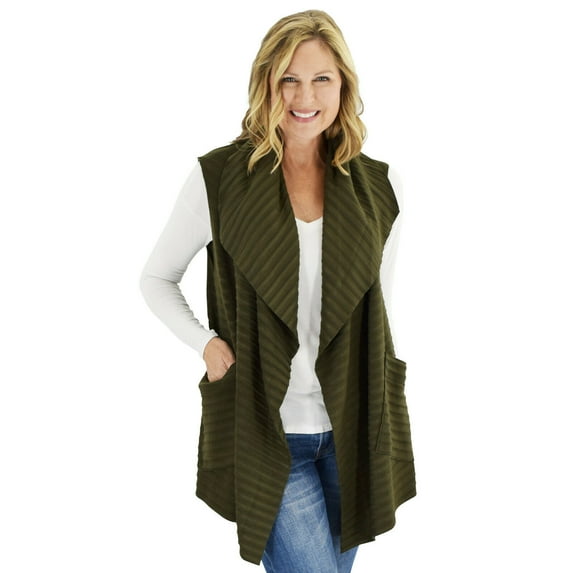 Le Moda Women's Sleeveless Pleated Open Front Fleece Vest Cardigan with Pockets