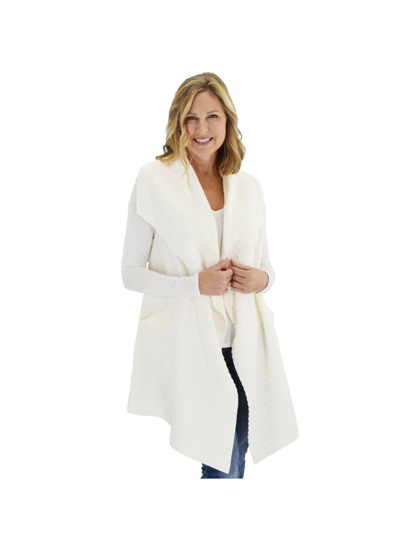 Women's Sleeveless Pleated Open Front Fleece Vest Cardigan with Pockets