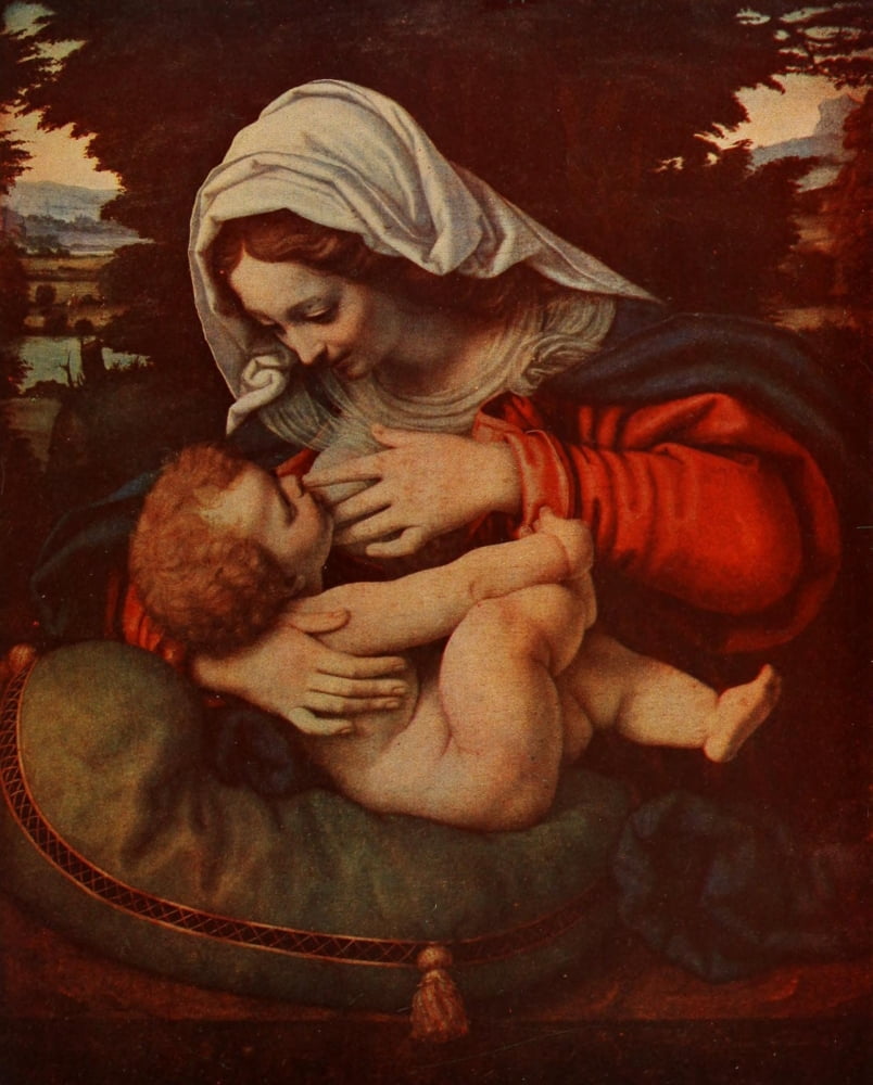 Le Musee du Louvre 1912 Virgin & green cushion Canvas Art - Andrea Solari (24 x 36)