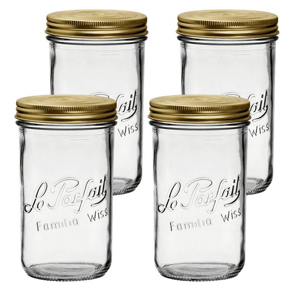 Le Parfait Familia Wiss Terrine - 1L Wide Mouth French Glass Mason Jar w/ 2-Piece Gold Lid, 32oz/Quart (Pack of 4) dia.100mm
