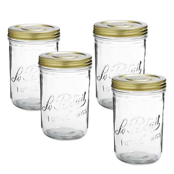 Le Parfait Familia Wiss Terrine - 1L Wide Mouth French Glass Mason Jar w/ 2-Piece Gold Lid, 32oz/Quart (Pack of 4) dia.110mm