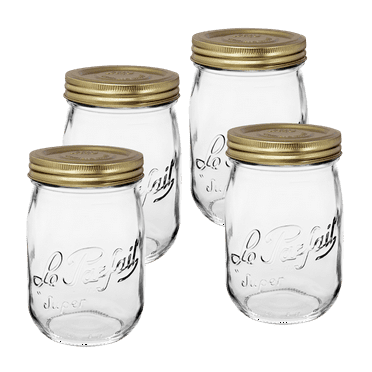 Le Parfait Screw Top Jar - 1L Wide Mouth French Glass Canning Jar w/ 2-Piece Gold Lid, 32oz/Quart (Pack of 4)