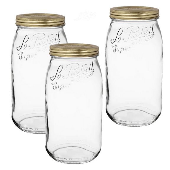 Le Parfait Screw Top Jar - 3L Wide Mouth French Glass Canning Jar w/ 2-Piece Gold Lid, 96oz/3 Quarts (Pack of 3)