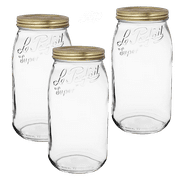 Le Parfait Screw Top Jar - 3L Wide Mouth French Glass Canning Jar w/ 2-Piece Gold Lid, 96oz/3 Quarts Pack of 3
