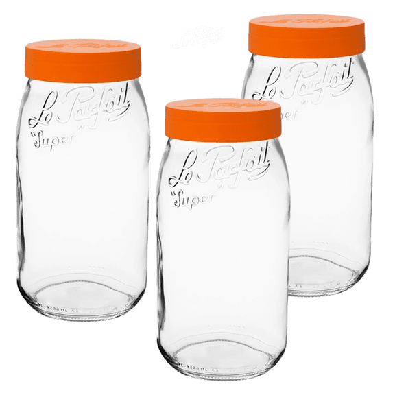 Le Parfait Screw Top Jar - 3L Wide Mouth French Glass Storage Jar w/Orange Plastic Lid, 96oz/3 Quarts (Pack of 3)
