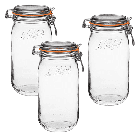 Le Parfait Super Jar - 1.5L French Glass Canning Jar w/Round Body, Airtight Rubber Seal & Glass Lid, 48oz/Quart & Half (Pack of 3) Stainless Wire