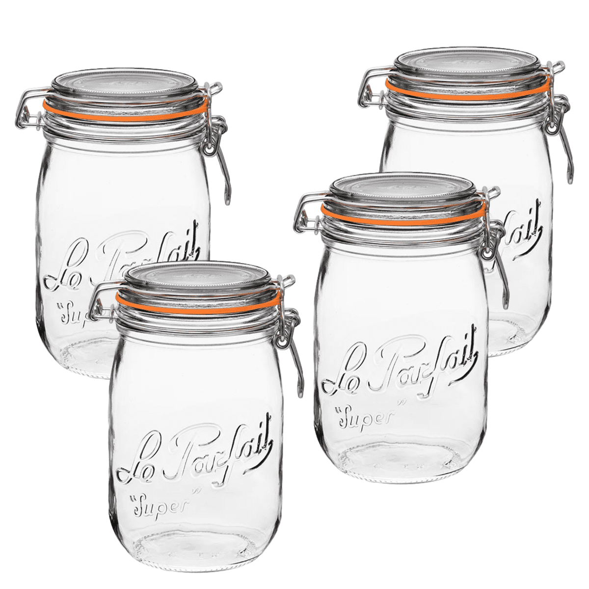 Le Parfait Super Jar - 1L French Glass Canning Jar w/Round Body, Airtight Rubber Seal & Glass Lid, 32oz/Quart (Pack of 4) Stainless Wire