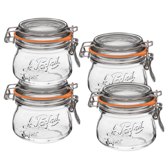 Le Parfait Super Jar - 250ml French Glass Canning Jar w/Round Body, Airtight Rubber Seal & Glass Lid, 8oz/Half Pint (Pack of 4) Stainless Wire