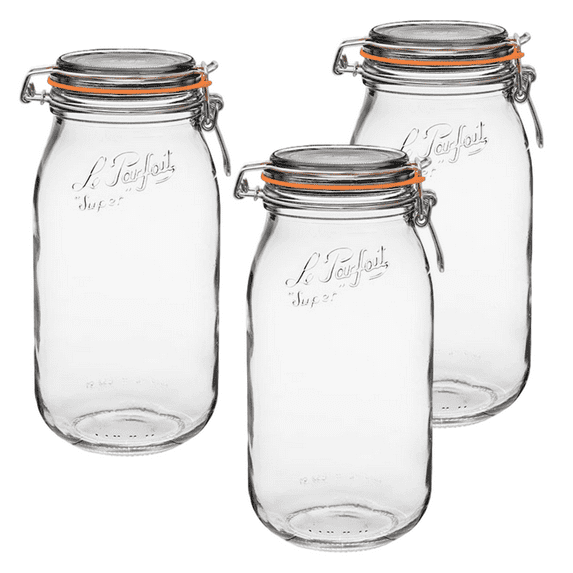 Le Parfait Super Jar - 2L French Glass Canning Jar w/Round Body, Airtight Rubber Seal & Glass Lid, 64oz/2 Quarts (Pack of 3) Stainless Wire