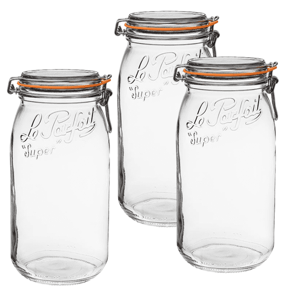 Le Parfait Super Jar - 3L French Glass Preserving Jar w/Round Body, Airtight Rubber Seal & Glass Lid, 96oz/3 Quarts (Pack of 3) Stainless Wire