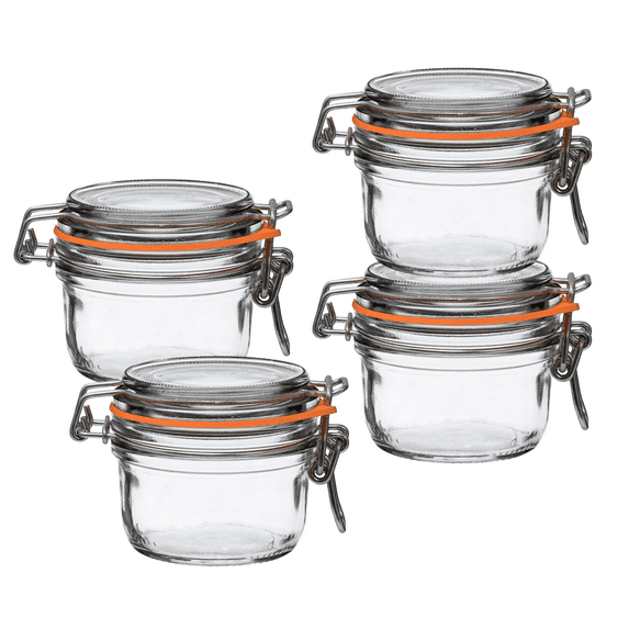 Le Parfait Super Terrine - 125ml French Glass Canning Jar w/Straight Body, Airtight Rubber Seal & Glass Lid, 4oz (Pack of 4) Stainless Wire