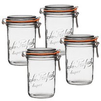 Le Parfait Super Terrine - 1L French Glass Canning Jar w/Straight Body, Airtight Rubber Seal & Glass Lid, 32oz/Quart (Pack of 4) Stainless Wire