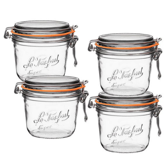 Le Parfait Super Terrine - 500ml French Glass Canning Jar w/Straight Body, Airtight Rubber Seal & Glass Lid, 16oz/Pint (Pack of 4) Stainless Wire