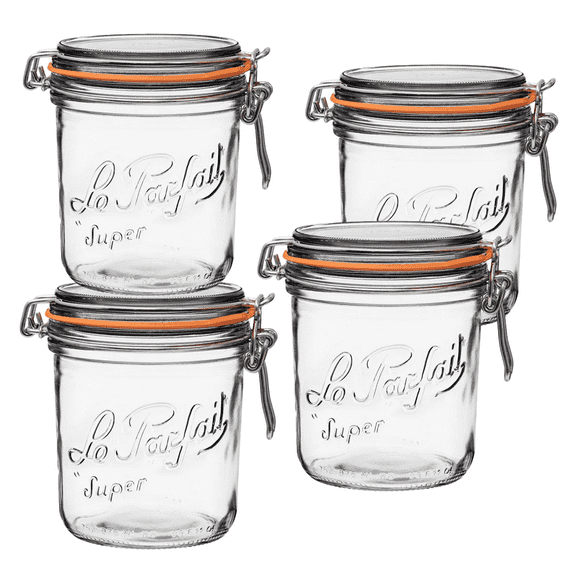 Le Parfait Super Terrine - 750ml French Glass Canning Jar w/Straight Body, Airtight Rubber Seal & Glass Lid, 24oz/Pint & Half (Pack of 4) Stainless Wire
