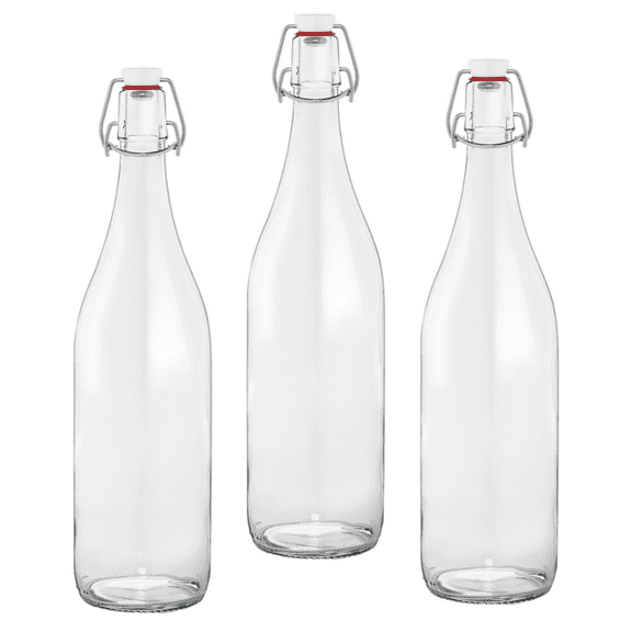 Le Parfait Swing Top Bottles - 1L French Glass Preserving Bottles w/ Stainless Steel Hinged Stopper, 32oz/Quart (Pack of 3)