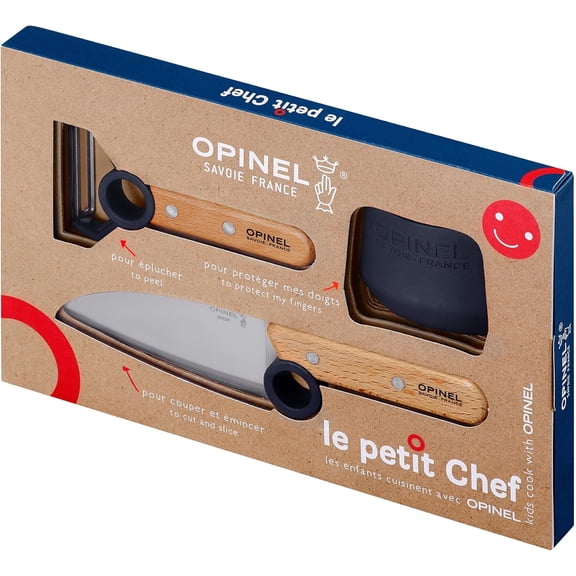 Le Petit Chef Kitchen Knife Set for Kids, 3-Piece Stainless Steel Cooking Tools with Finger Guard and Peeler, Navy Blue