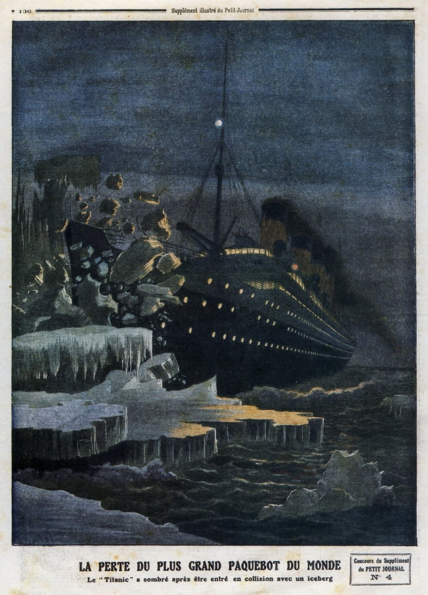 Le Petit Journal 28 April 1912 Titanic in collision with iceberg Canvas Art - Unknown (18 x 24)