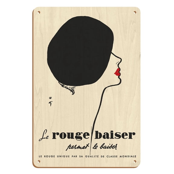 Le Rouge Baiser - Unique Red ”Kiss-Proof” Lipstick - Permet Le Baiser (Allow the Kiss) - Vintage Advertising Poster by René Gruau c.1948 - 8 x 12 inch Vintage Wood Art Sign