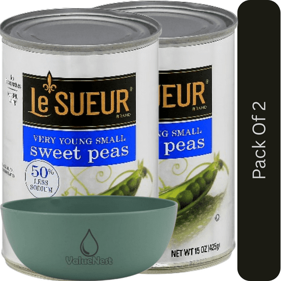 Le Sueur Very Young Small Sweet Peas, 50% Less Sodium, Whole Peas, 15 oz Can with Olive Green Bowl by ValueNest