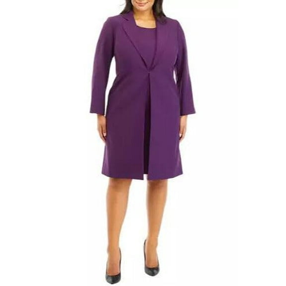 Le Suit Crepe Long Coat & Sheath Dress (Plus Size)