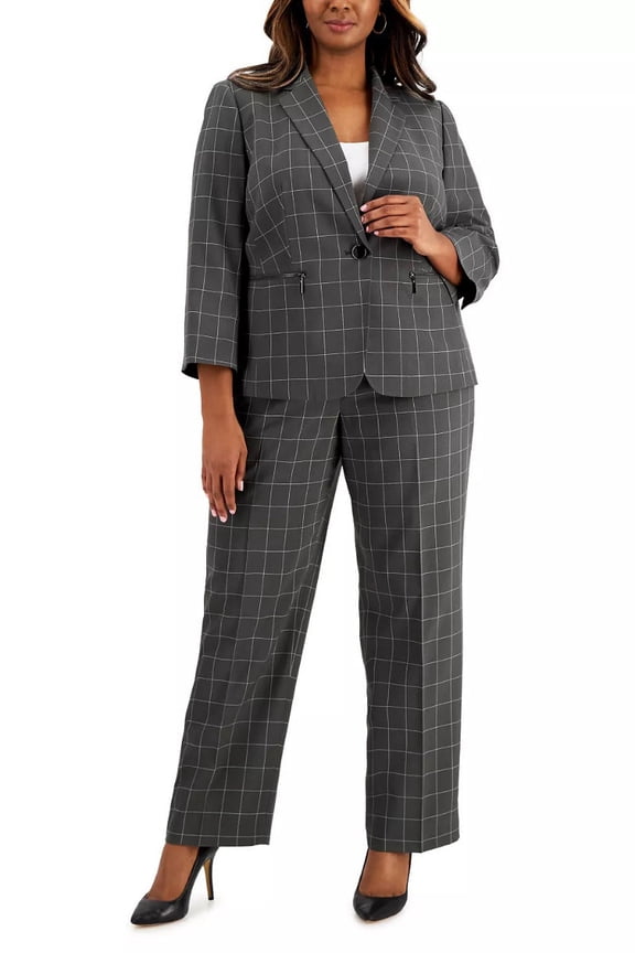 Notched Collar One Button Closure Shoulder Pads Zip Pockets with Mid Rise Zipper with Hook and Bar Closure-NAVY WHITE / 24W