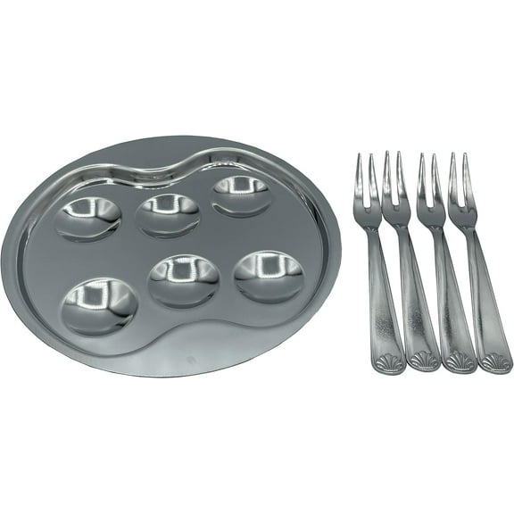 Le Thiers Premium Polished Stainless Steel Escargot/Snail Dish Plates With Forks By Roger Orfevre (6 Hole)