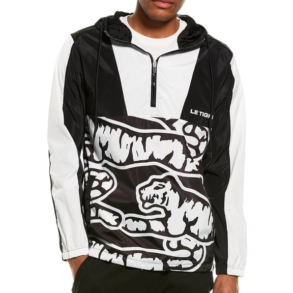 Le Tigre Men's Anorak 1/4 Zip Hooded Windbreaker Jacket - Black/White (Medium)