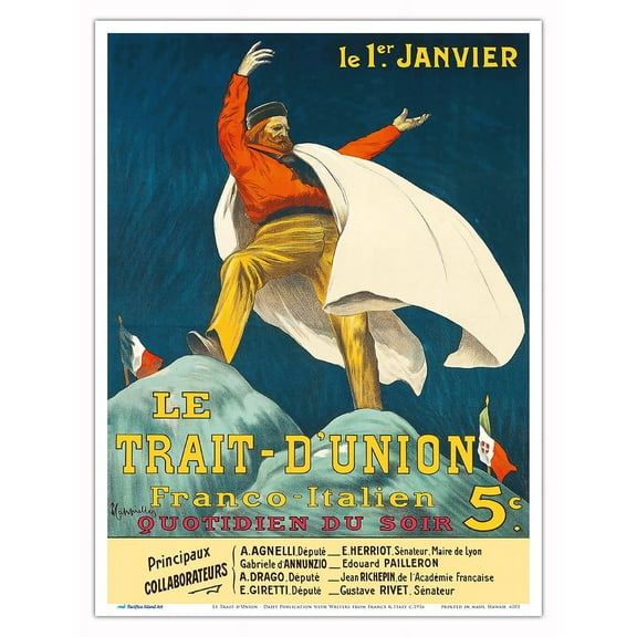 Le Trait-d'Union - Daily Publication with Writers from France & Italy - Vintage French Advertising Poster by Leonetto Cappiello c.1916 - Master Art Print (Unframed) 9in x 12in