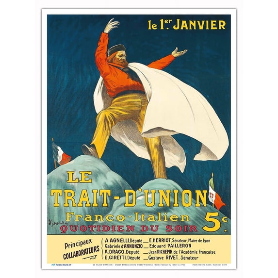 Le Trait-d'Union - Daily Publication with Writers from France & Italy - Vintage French Advertising Poster by Leonetto Cappiello c.1916 - Master Art Print (Unframed) 9in x 12in