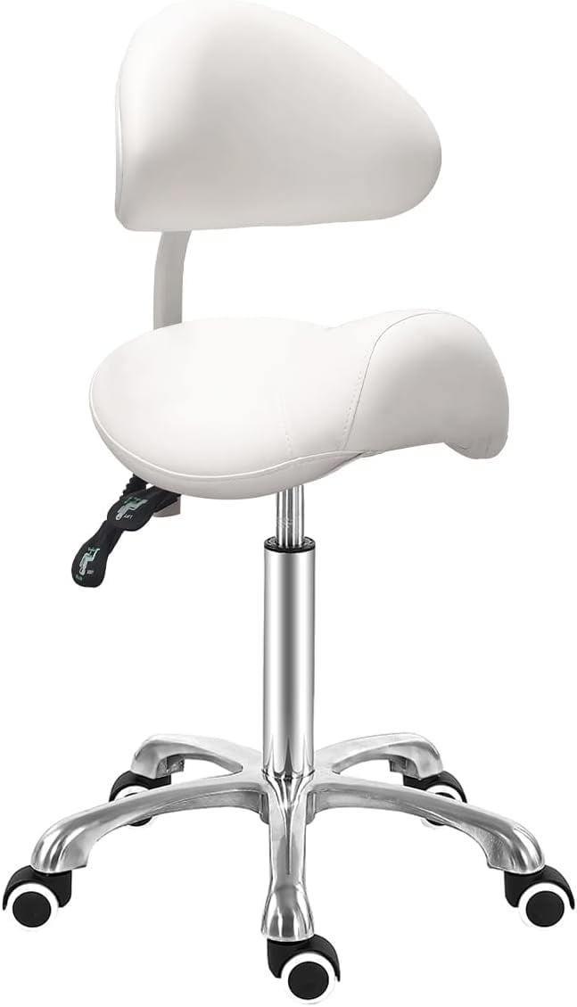 White Faux Leather Adjustable Saddle Stool with Backrest