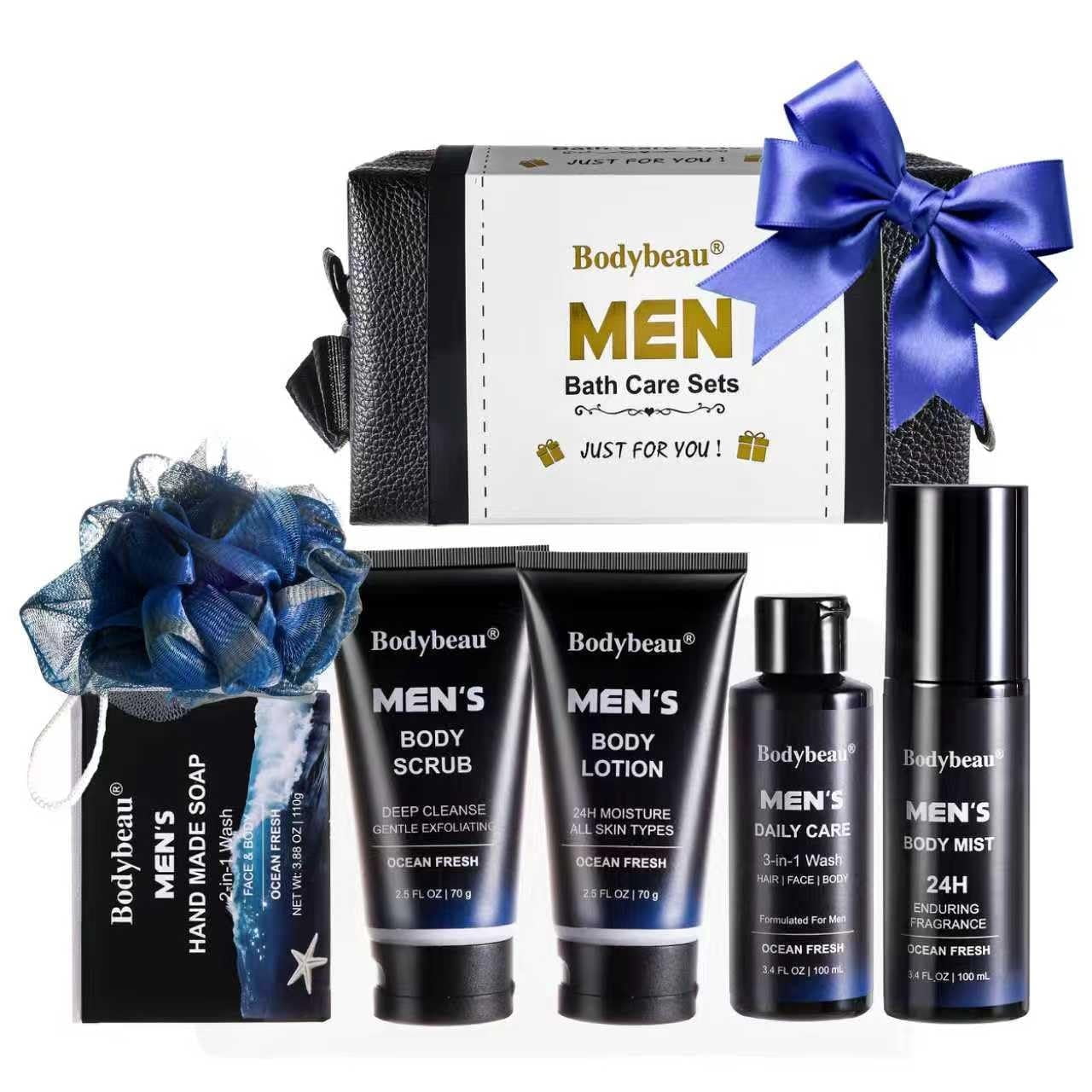 Men's Bath and Body Spa Gift Set - 7-Piece Kit with 3-in-1 Shower Gel, 2-in-1 Handmade Soap & Travel Bag - Father's Day/Birthday Gifts for Dad, Husband from Family