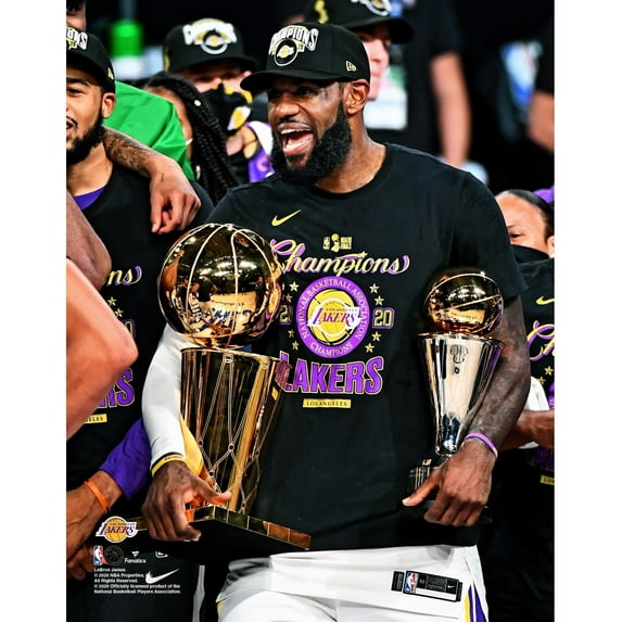 LeBron James Los Angeles Lakers Unsigned 2020 NBA Finals Bill Russell Finals MVP Trophy and Larry O'Brien Trophy
