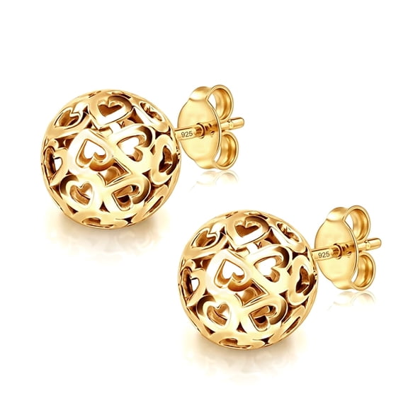 LeCalla 14K Gold-Plated 925 Sterling Silver Heart Filigree Stud Earrings for Women | Hollow Antique Finish Ball Heart Stud Earrings | Gift for Her, Mom, Wife 7MM