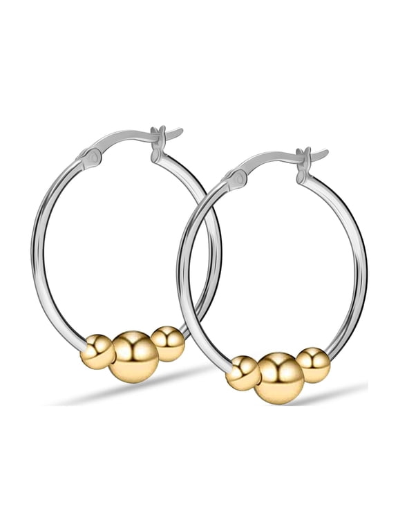 14K Gold-Plated 925 Sterling Silver Light-Weight Round Two-Tone Earring Hoops Jewelry Bead Ball Hoop Earrings for Women 28MM