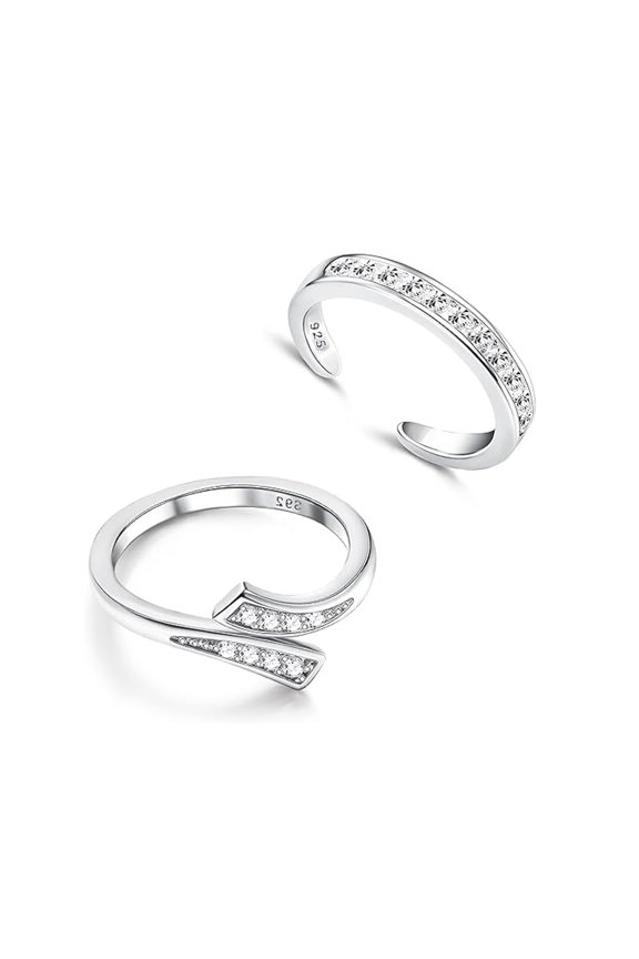2Pcs 925 Sterling Silver Toe Rings Set for Women | Cubic Zirconia Adjustable Band Rings | Summer Barefoot Jewelry