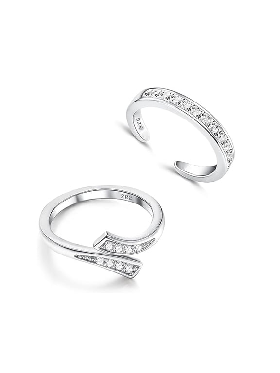 2Pcs 925 Sterling Silver Toe Rings Set for Women | Cubic Zirconia Adjustable Band Rings | Summer Barefoot Jewelry