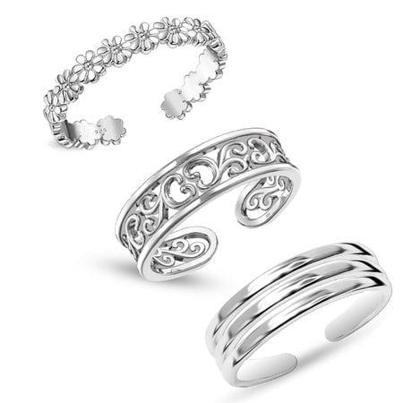 LeCalla 3Pcs 925 Sterling Silver Toe Rings for Women | Open Adjustable Cuff Band Toe Rings | Summer Beach Foot Jewelry